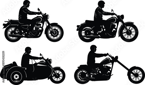 Motorcycle rider silhouettes set, classic chopper and cruiser bikes, black biker transport icons isolated on white background illustration
