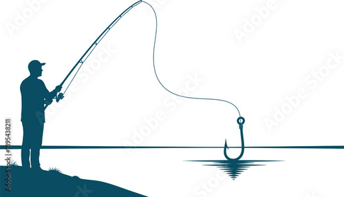 Silhouette of a man fishing on a pier by the water