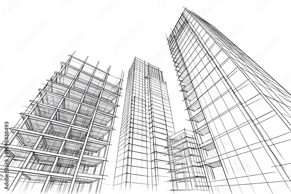 Fototapeta premium Perspective line drawing of modern skyscrapers in wireframe style, isolated on white, representing architecture, construction, and urban design..