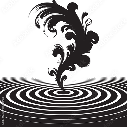 Abstract black floral design over concentric circles creating a hypnotic optical illusion art