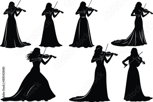 Ornamental violinist woman silhouettes playing violin elegant gown isolated on white background classical music performance black vector illustration design art