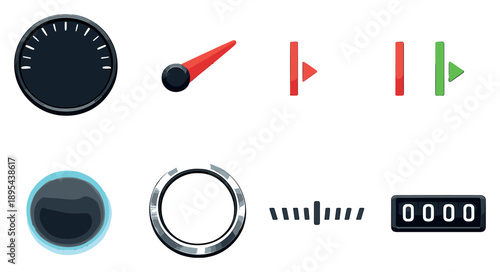 Analog fuel gauge components in flat style: circular dial, pointer needle, empty mark, full mark, backlight glow, bezel frame, calibration ticks, mechanical. Vector icons
