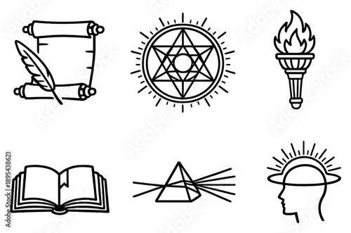 Sacred wisdom themes in outline style: ancient scroll teaching, sacred geometry emblem, wisdom flame torch, timeless knowledge book, truth prism light, higher. Vector icons