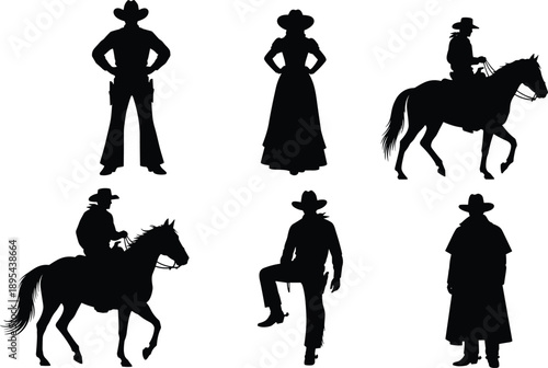 Western cowboy and cowgirl silhouettes set, horseback riding figures, wild west people black icons isolated on white background illustration