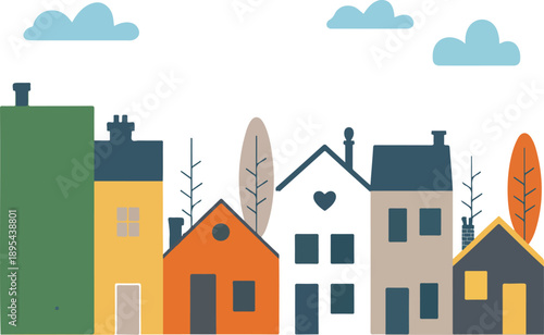 Modern Residential Area Illustration Collection  Houses, Trees, and Urban Green Spaces