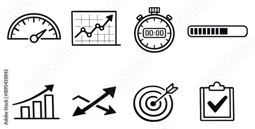 Efficiency measurement dashboard in outline style: speed gauge, performance graph, stopwatch timer, progress bar, KPI chart, optimization arrows, benchmark. Vector icons