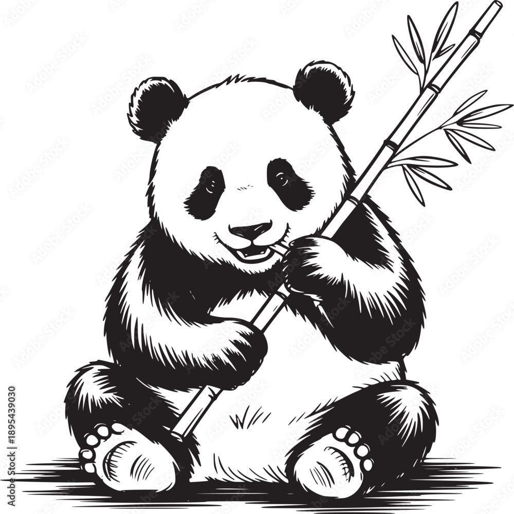 Obraz premium Vintage hand drawn giant panda illustration, cute panda bear holding bamboo stalk, black and white wildlife sketch, vector animal art for logo design
