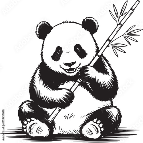 A charming panda illustration holding a bamboo stalk with leaves in black and white sketch style