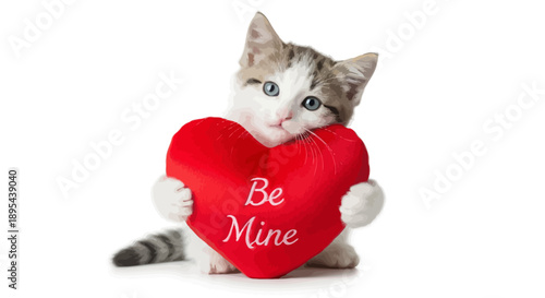 Kitten Holding Red Heart Be Mine.