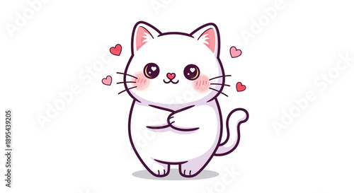 Adorable White Cartoon Cat with Hearts.