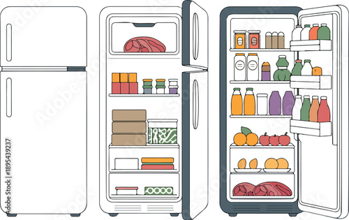 Kitchen Refrigerator Outline Icon Set Open and Closed Fridge with Food and Drinks