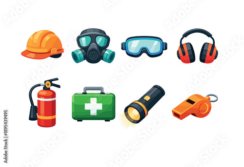 Personal safety equipment in flat style: helmet, gas mask, safety goggles, ear defenders, fire extinguisher, first aid kit, flashlight. Vector icons