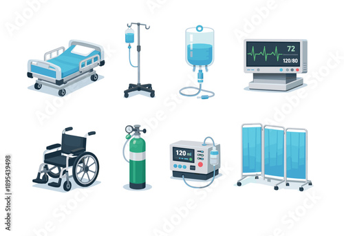 Hospital ward equipment in isometric flat style: hospital bed, IV stand, IV bag, heart monitor, wheelchair, oxygen tank, infusion pump, privacy screen. Vector icons
