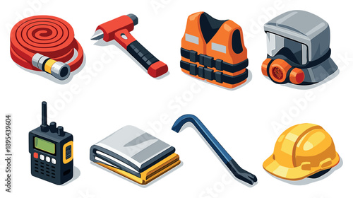 Emergency response gear in isometric flat style: fire hose, rescue hammer, life jacket, smoke hood, emergency radio, thermal blanket, crowbar, hard hat. , PNG. Vector icons