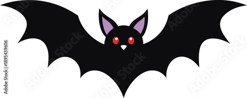 Cute cartoon black bat with red eyes flies with wide open wings