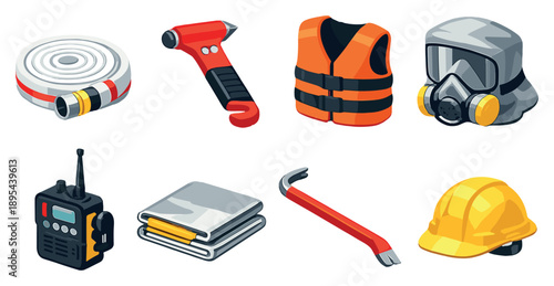 Emergency response gear in isometric flat style: fire hose, rescue hammer, life jacket, smoke hood, emergency radio, thermal blanket, crowbar, hard hat. , PNG. Vector icons