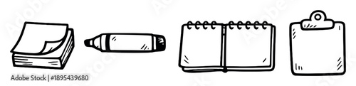 UX brainstorming workspace items in doodle style: sticky note pad, marker, sketchbook, clipboard. Vector icons