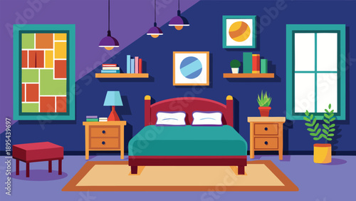 Cozy bedroom interior design featuring a double bed and vibrant decor elements