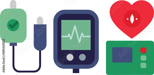 Collection of medical monitoring devices representing cardiology and intravenous treatment
