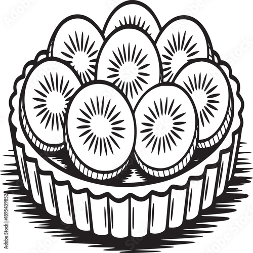 A monochrome illustration of a kiwi tart with sliced kiwis arranged on top of the pastry base