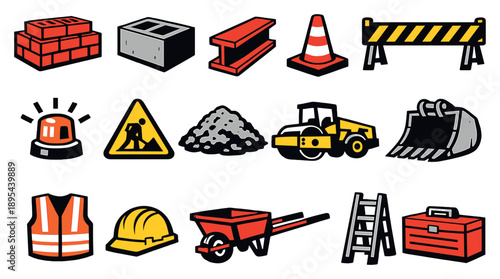 Urban planning development materials in bold style: brick stack, concrete block, steel beam, traffic cone, barricade fence, warning light, construction sign. Vector icons