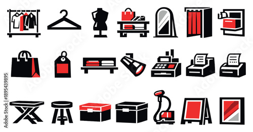Fashion retail display items in bold style: clothing rack, hanger, mannequin, display table, mirror, fitting room curtain, shopping bag, price tag, shelf. Vector icons