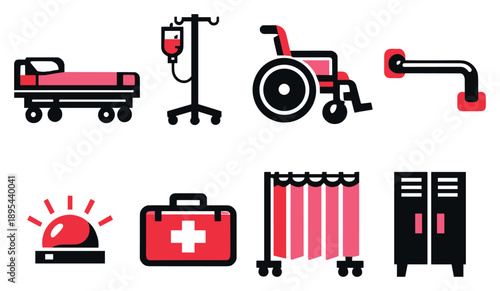Womens health support and safety aids in bold style: hospital bed, IV stand, wheelchair, grab bar, emergency bell, first aid kit, privacy curtain, storage. Vector icons