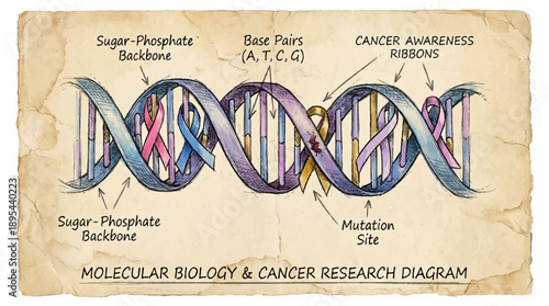 Dna double helix structure with sugar phosphate backbone and base pairs in molecular biology research