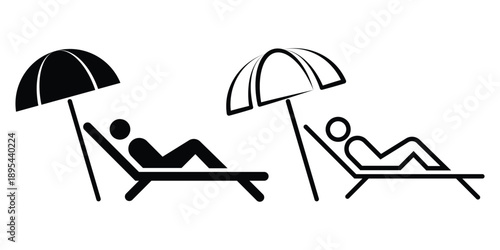 Minimalist Graphic Design Icons Featuring a Person Relaxing on a Beach Lounger Under a Sun Umbrella in Solid and Outline Styles.