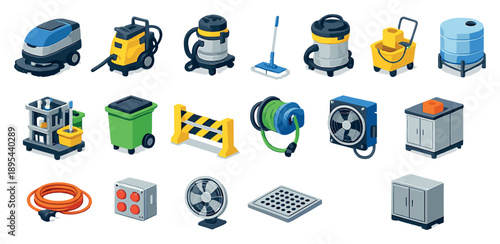 Industrial cleaning facility equipment in isometric flat style: floor scrubber, pressure washer, industrial vacuum, wet mop, mop bucket, cleaning cart, waste. Vector icons