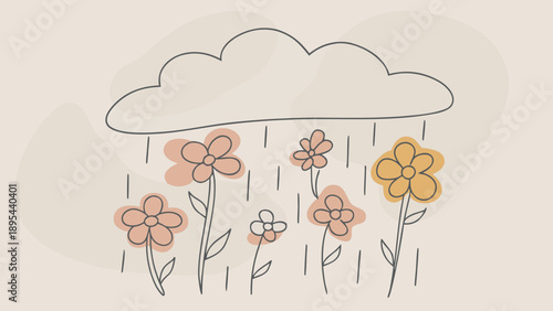 Minimalist line art illustration depicts soft rain nourishing blooming flowers under a simple cloud