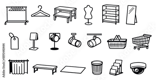 Retail operations sales floor fixtures in linear style: clothing rack, hanger, display table, mannequin, shelf unit, mirror, price tag. Vector icons