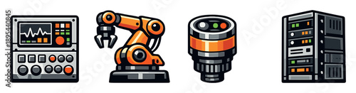 Industrial smart machinery components in bold style: control panel, robotic arm, industrial sensor, server rack. Vector icons