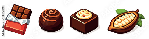 Chocolate confectionery assortment in isometric flat style: chocolate bar, truffle, praline, cocoa bean. Vector icons