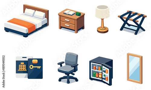 Hotel room amenities in isometric flat style: hotel bed, bedside table, table lamp, luggage rack, room keycard, desk chair, minibar fridge, wall mirror. Vector icons