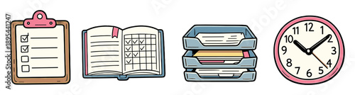 Women education administration items in doodle style: clipboard, attendance register, filing tray, wall clock. Vector icons