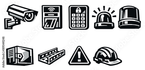 IT security operations equipment in bold style: security camera, access control panel, keypad lock, alarm siren, metal enclosure, cable tray, warning sign. Vector icons