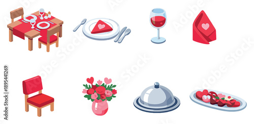 Valentines Day dinner table setup in isometric flat style: dining table, dinner plate, wine glass, cloth napkin, table runner, centerpiece vase, chair, serving. Vector icons