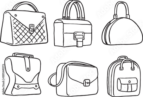 Hand-drawn doodle set of various bags and luggage icons. Minimalist line art vector illustrations of backpacks, handbags, and travel suitcases, isolated on white background.
