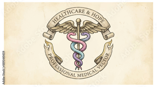 Medical symbol with wings and colorful snake on a beige background for healthcare and medical concepts