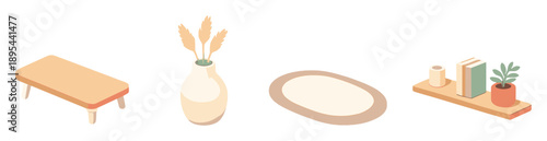 Minimal calm interior decor in isometric flat style: coffee table, ceramic vase, rug, wall shelf. Vector icons