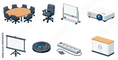Community support meeting room equipment in isometric flat style: conference table, swivel chair, whiteboard, projector, projection screen, speakerphone, power. Vector icons