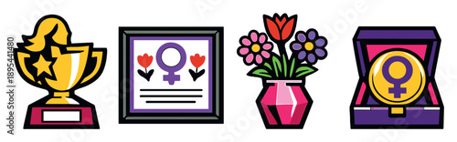 Womens Day kindness recognition symbols in bold style: trophy plaque, framed certificate, flower vase, presentation box. Vector icons