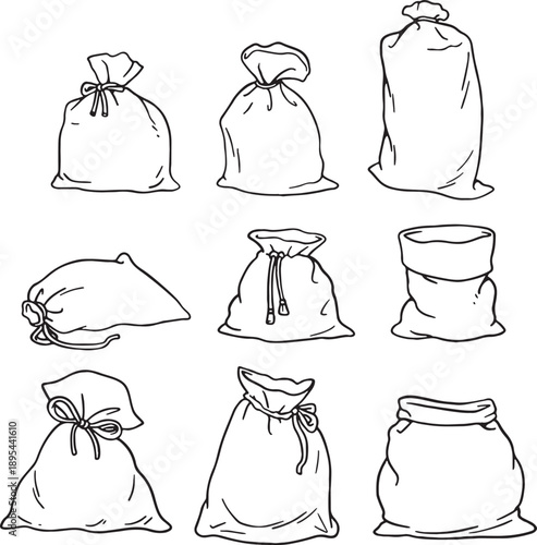 Collection of hand-drawn sack and fabric bag doodles. Vector line art illustrations of textile pouches, burlap sacks, and gift bags isolated on white. Perfect for packaging and eco-friendly themes.