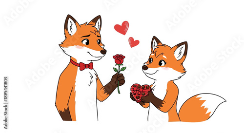 Two Cartoon Foxes Sharing Valentine Roses.