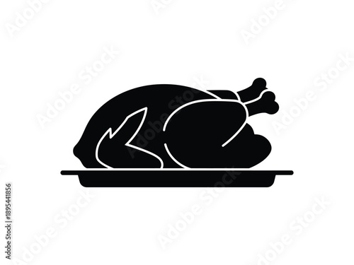 Roasted Turkey on Tray Silhouette, Festive Dinner Icon, Black and White