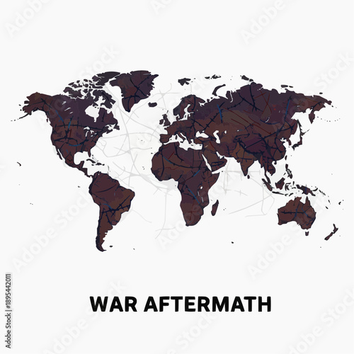 Stylized world map graphic illustrating the profound global impact and devastation of conflict aftermath