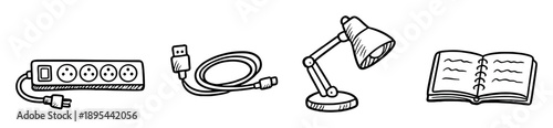 Everyday connected workspace in doodle style: power strip, charging cable, desk lamp, notebook. Vector icons