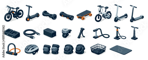 Personal mobility urban transport devices in isometric flat style: electric bicycle, electric scooter, hoverboard, electric skateboard, folding bike, kick. Vector icons