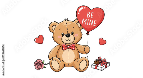 Teddy Bear Holding Heart Shaped Balloon.